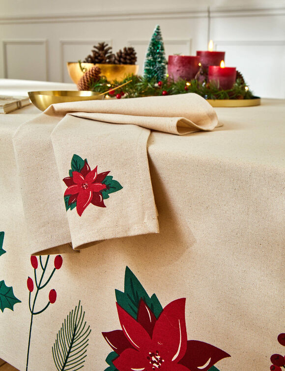 Nappe imprimée houx et poinsettia (naturel / rouge)