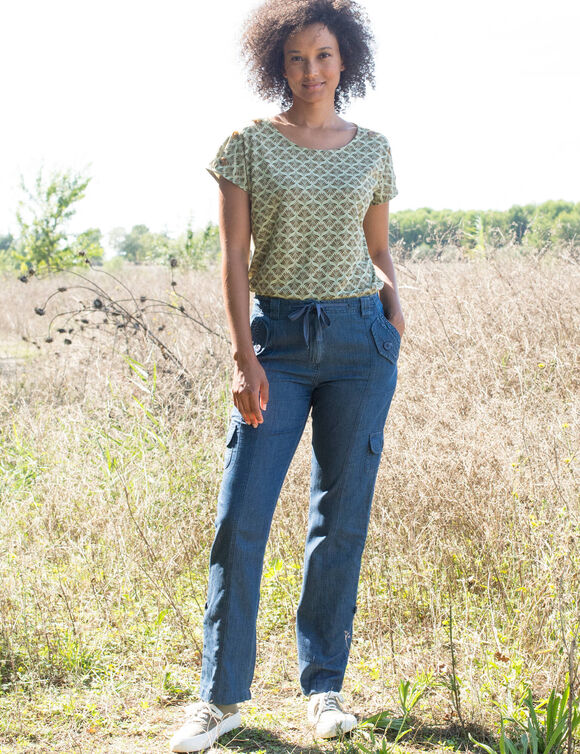 T-shirt col rond imprim&eacute; minimaliste (vert / chocolat)