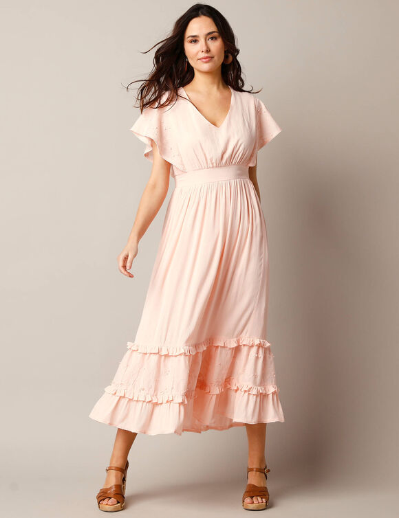 Robe longue crépon, manches volantées, broderie 3D (rose poudré)