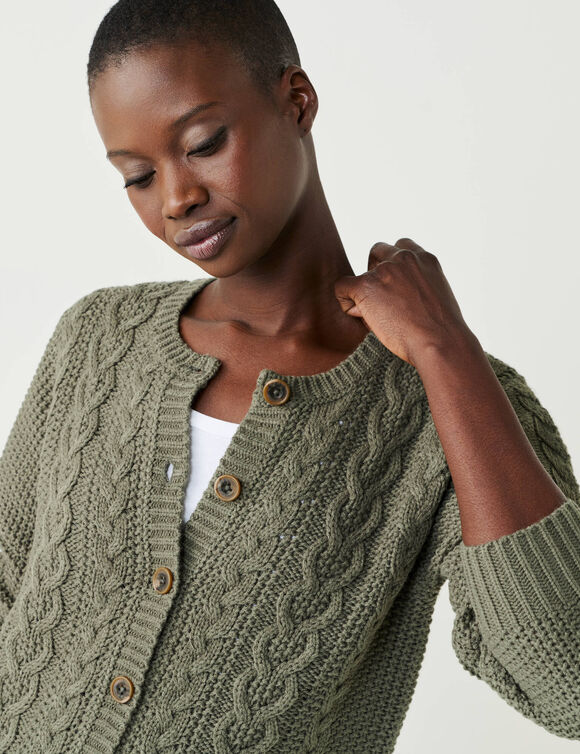 Cardigan boutonn&eacute;, maille torsad&eacute;e (kaki)
