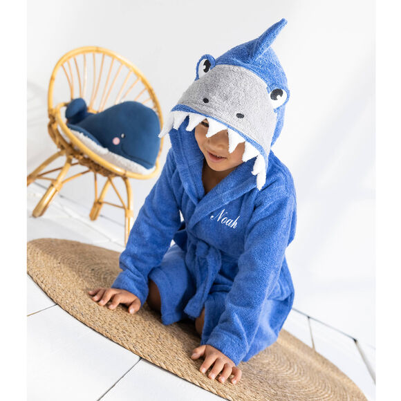 Kinderbadjas met haaiennmotief en kap, personaliseerbaar - 340 g/m&sup2; (felblauw)