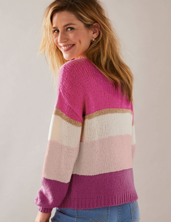 Pull col rond rayé, toucher doux (rose / écru)