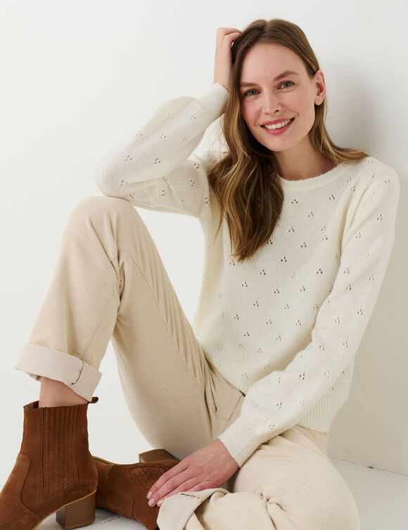Pull col rond, maille pointelle toucher doux (&eacute;cru)