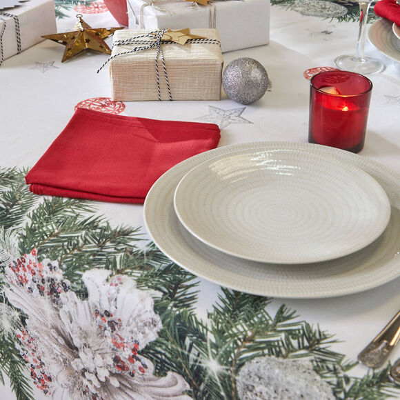 Vlekwerend tafellaken met kerstkransprint (groen / rood)