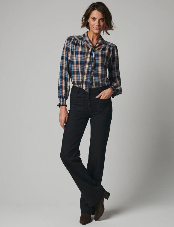 Blouse &agrave; lavalli&egrave;re manches longues, &agrave; carreaux (beige / bleu)