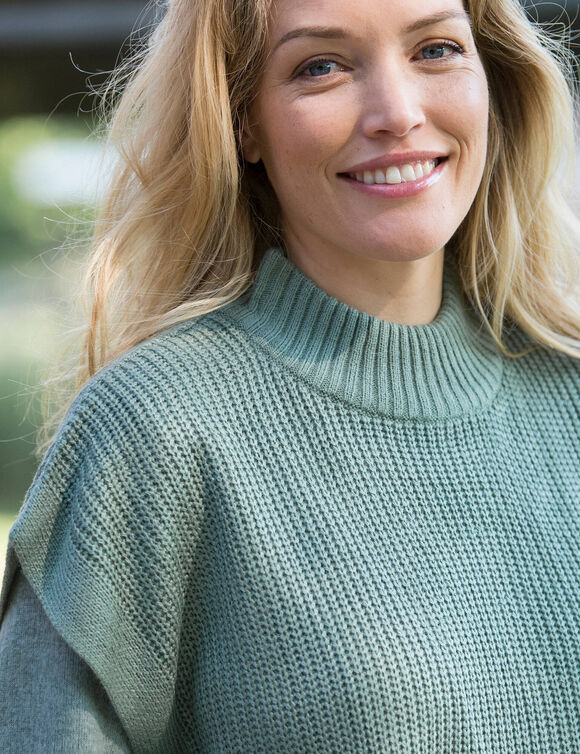 Pull col montant sans manches, maille perlée (kaki clair)