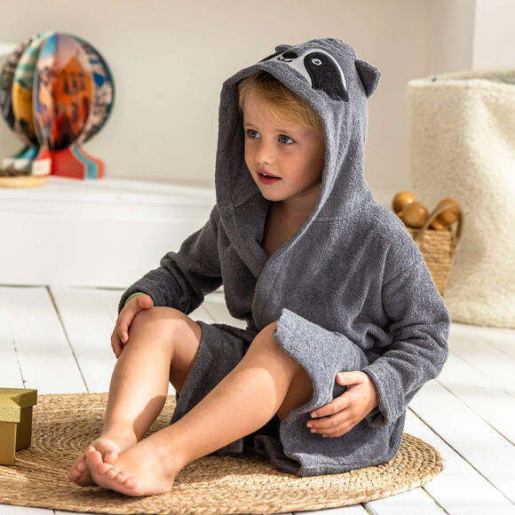 Peignoir de bain enfant raton laveur à capuche éponge coton - 340 g/m²  (gris)