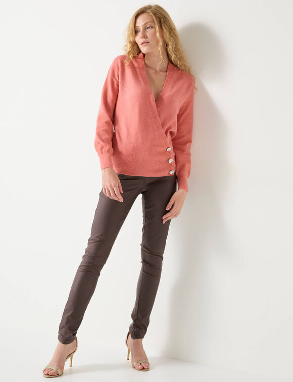 Pull effet cache-coeur boutons "bijou"  (corail)