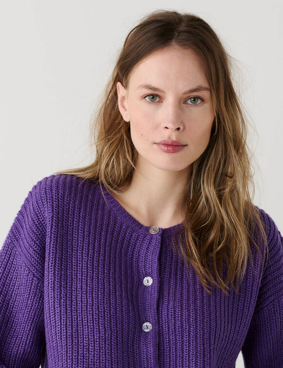 Cardigan &agrave; boutons paillet&eacute;s, maille anglaise (violet)
