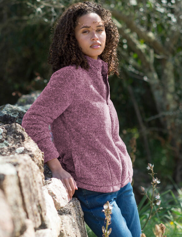 Veste zippée, maille peluche (prune chiné)