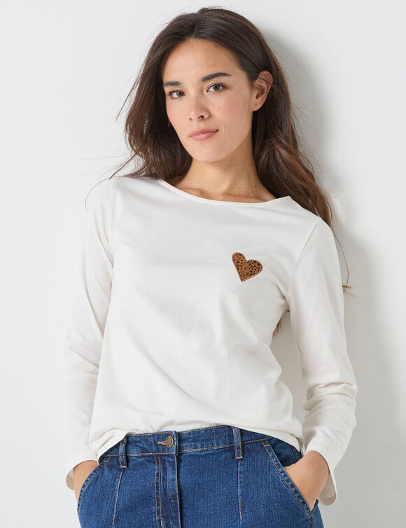 T-shirt marinière manches longues, brodé "cœur" uni ou imprimé léopard (écru / chocolat)