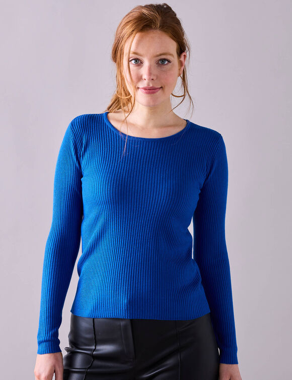 Pull col rond manches longues maille côtelée (bleu vif)