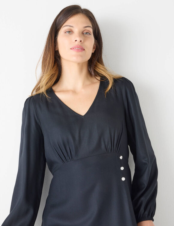 Robe longue fluide col V unie (zwart)