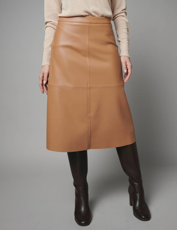 Halflange uitlopende rok, met leerlook** (karamel)