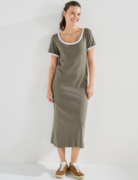 Robe longue bicolore, manches courtes (kaki / blanc)