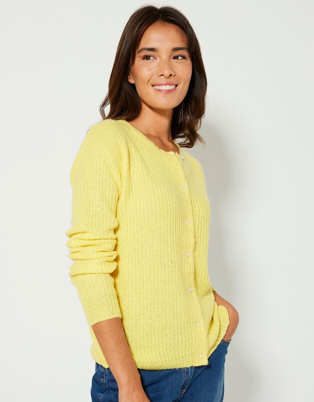 Cardigan met parelknopen en mohairtouch (geel)