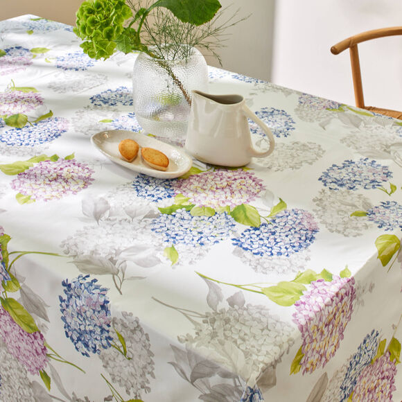 Nappe toile cirée imprimé hortensias (blanc / bleu)
