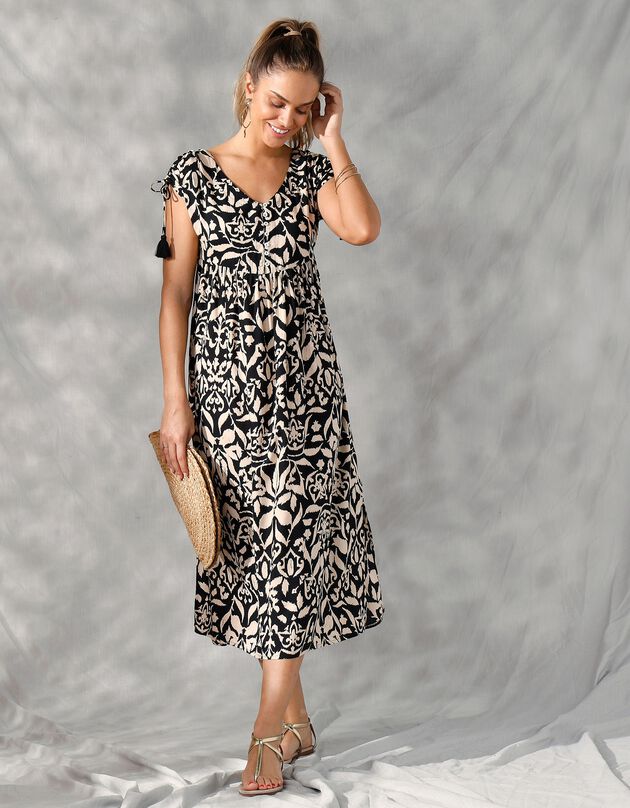 Lange jurk met korte mouwen, tweekleurige etnische print (zwart / beige)