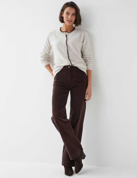 Cardigan &agrave; bords festonn&eacute;s contrast&eacute;s, enrichi en laine (beige / chocolat)