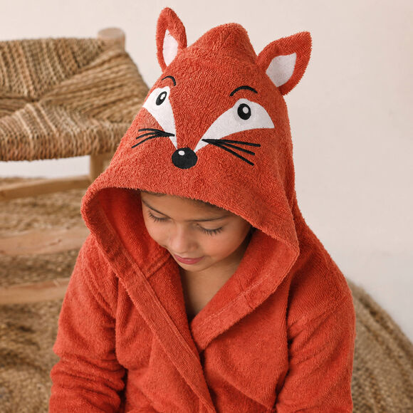 Kinderbadjas met capuchon, met foxprint &ndash; lusjesbadstof 340 g/m&sup2; (saffraangeel)