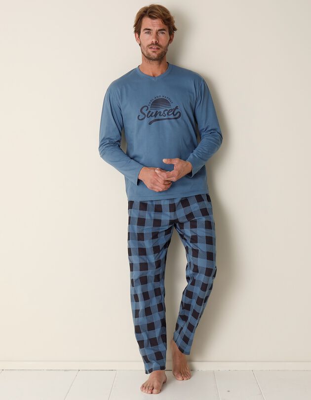 Pyjama coton carreaux manches longues (bleu grisé)