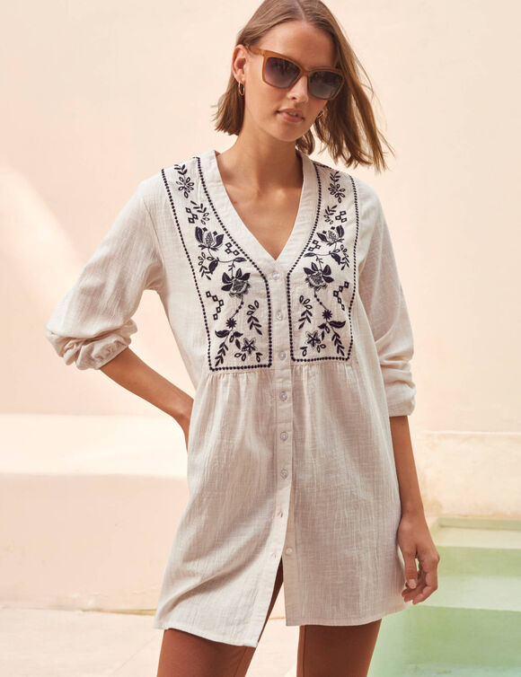 Tunique brod&eacute;e boutonn&eacute;e (&eacute;cru / noir)