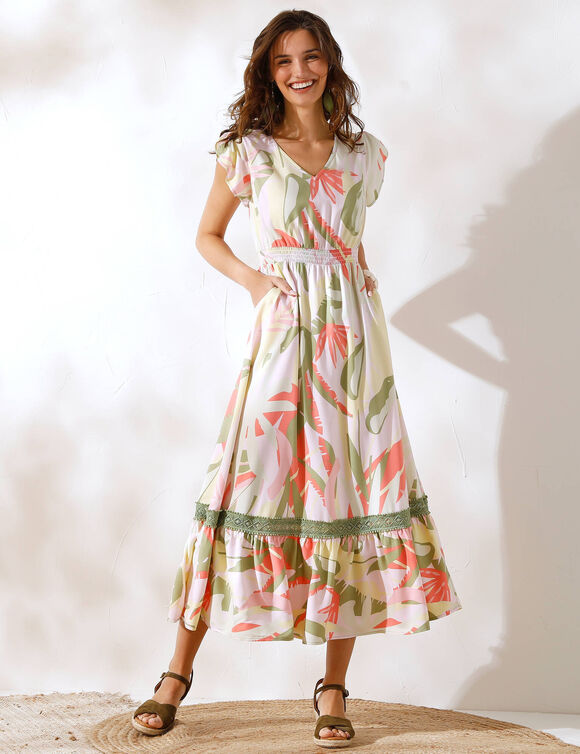 Robe longue imprimée, petits mancherons volantés (écru / vert)