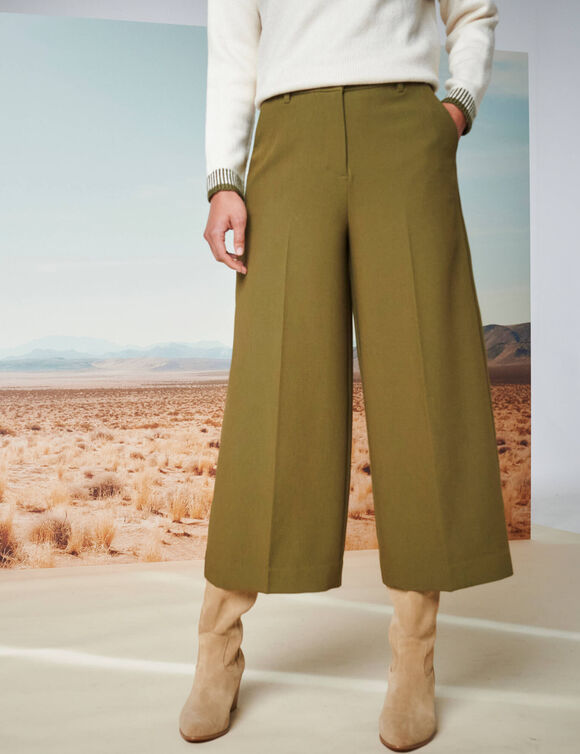 Broek met hoge taille, broekrokeffect (kaki)