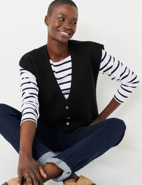 Gilet sans manches &agrave; boutons paillet&eacute;s, maille anglaise (noir)