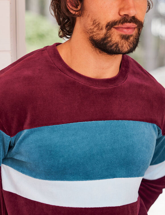 Pyjama tricolore velours manches longues (bordeaux)