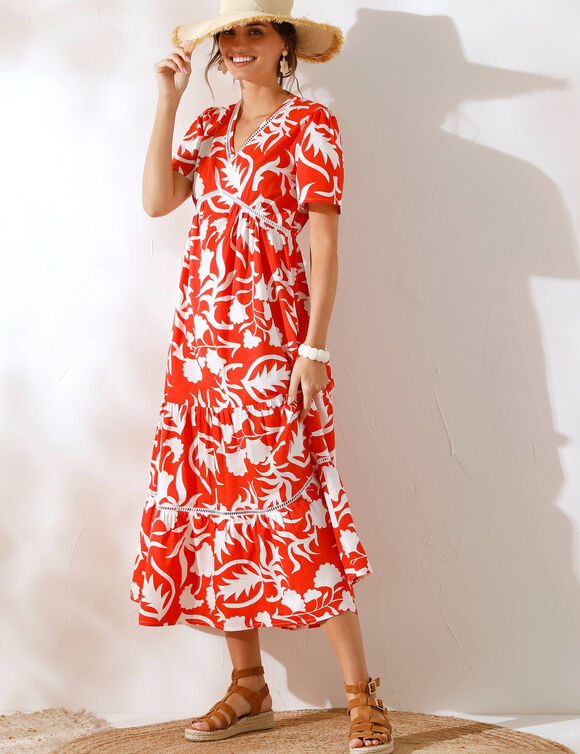 Robe longue imprimée coton, détails jour échelle (orange / écru)