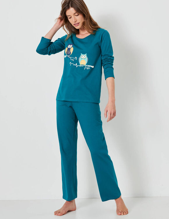 Pyjama en coton imprim&eacute; hiboux manches longues  (vert sapin)