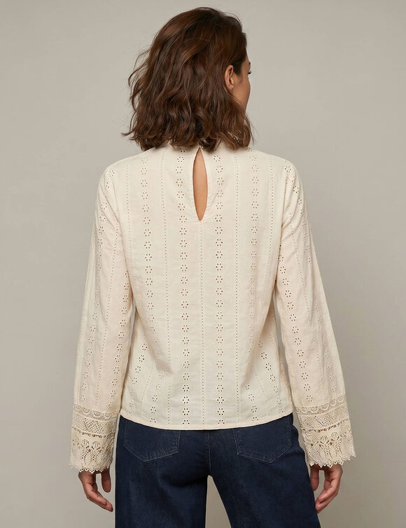 Blouse broderie anglaise col montant, d&eacute;tails macram&eacute;, coton (beige)