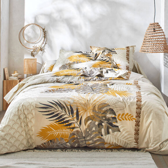 Linge de lit Cayenne imprim&eacute; feuilles de palmiers - coton 57 fils/cm&sup2; (beige)