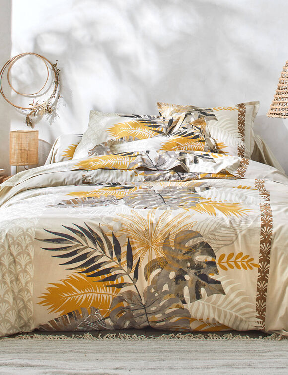 Linge de lit Cayenne imprim&eacute; feuilles de palmiers - coton 57 fils/cm&sup2; (beige)