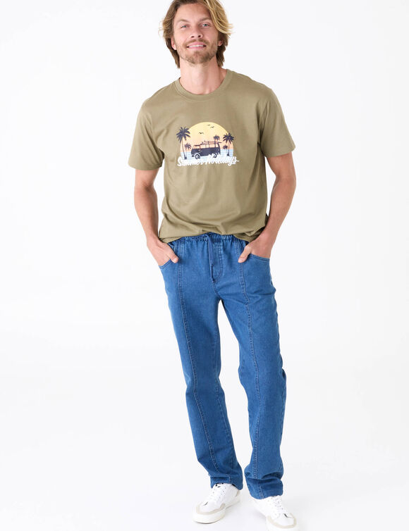 T-shirt col rond motif palmier manches courtes  (kaki)