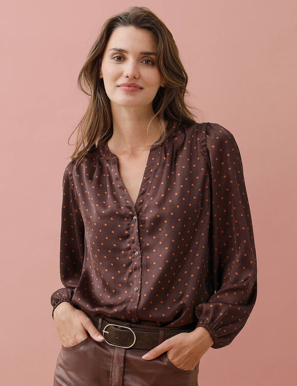 Chemisier manches blousantes, satin imprim&eacute; pois (chocolat)