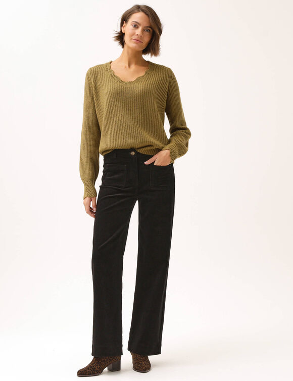 Pantalon velours coupe large taille haute, grande stature (noir)