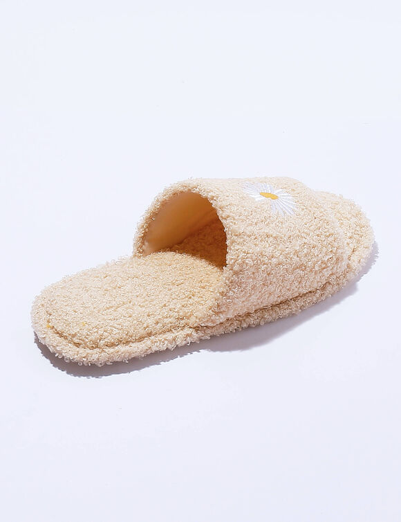 Platte, open muiltjes met geborduurde margriet (beige)