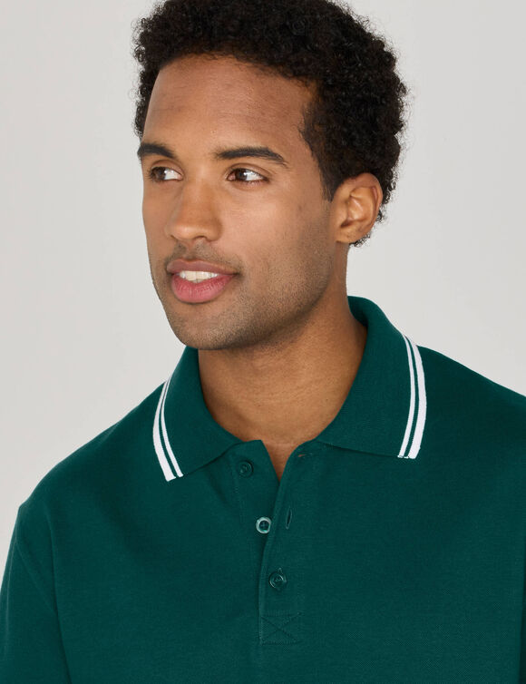 Polo uni maille piqu&eacute;e manches longues (vert sapin)