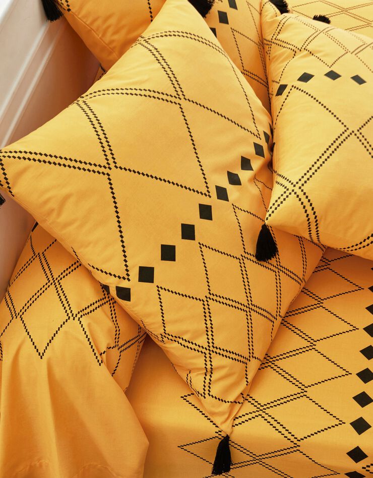 Linge de lit Massai coton à motifs graphiques et finitions pompons (curry)