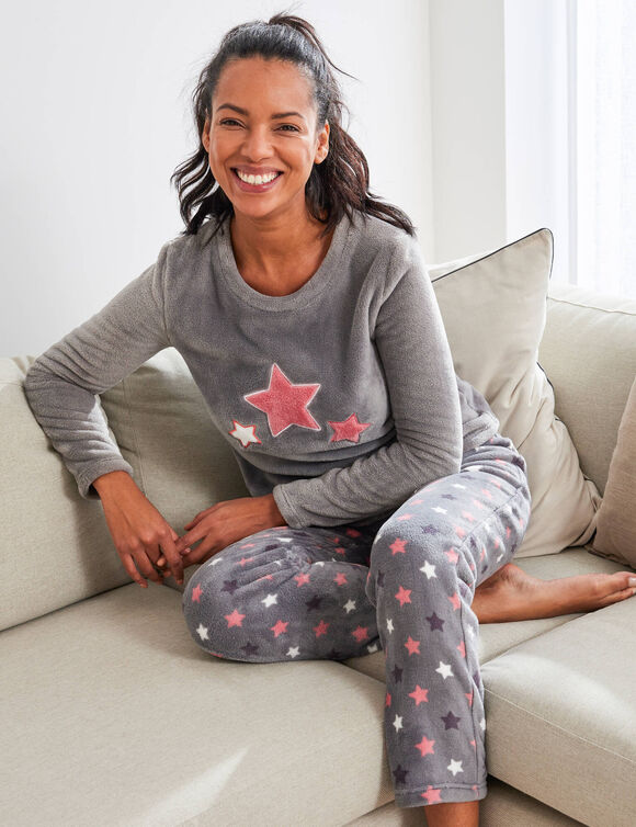 Pyjama pantalon polaire "étoiles", toucher peluche (gris / rose)