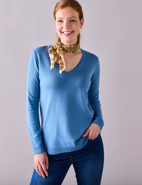 Pull col V, toucher doux (bleu grisé)