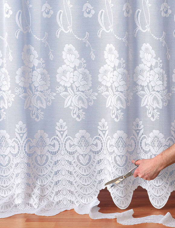 Aanpasbaar gordijn met bloemenmotief, met fronsgalon (wit)