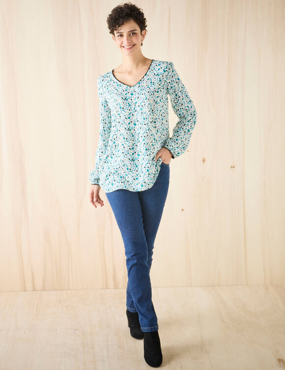 Tunique imprimé minimaliste, crêpe (écru / vert)