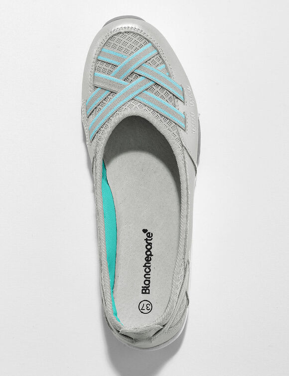 Ballerines souples cuir et textile a&eacute;r&eacute; bandes &eacute;lastiqu&eacute;es (argent&eacute;)