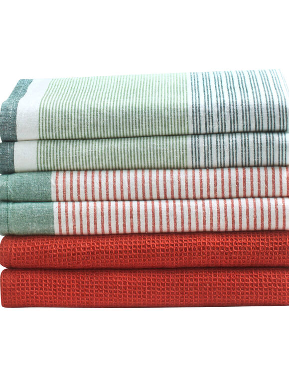 Torchons ray&eacute;s et uni coton tiss&eacute; teint - lots (vert / terracotta)