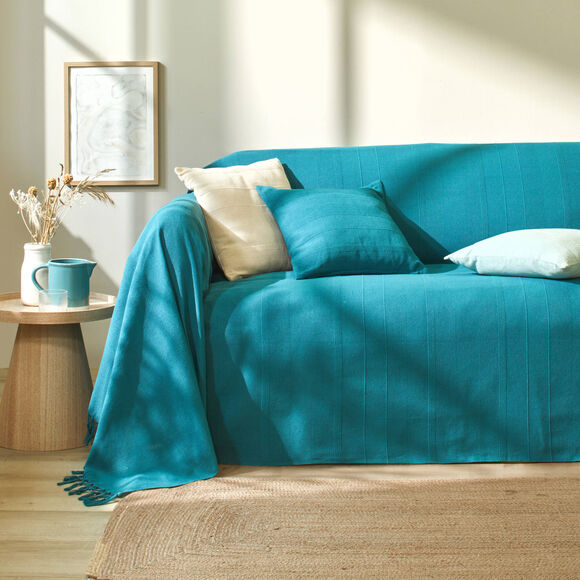 Effen katoenen plaid of sprei, ambachtelijk geweven (eendenblauw)