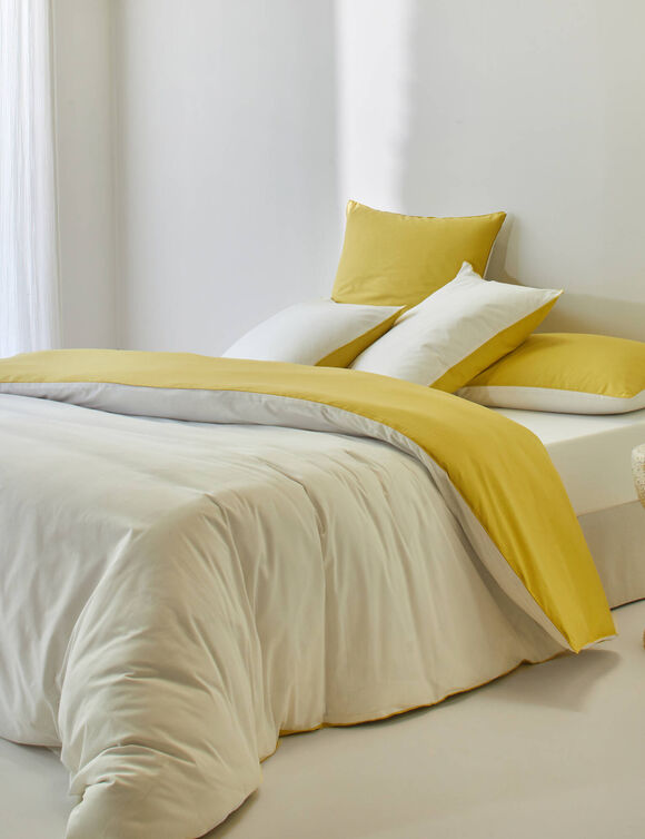 Linge de lit uni bicolore coton (blanc / jaune verveine)