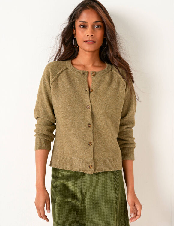 Gilet boutonn&eacute;, maille moelleuse en laine m&eacute;lang&eacute;e (kaki clair)